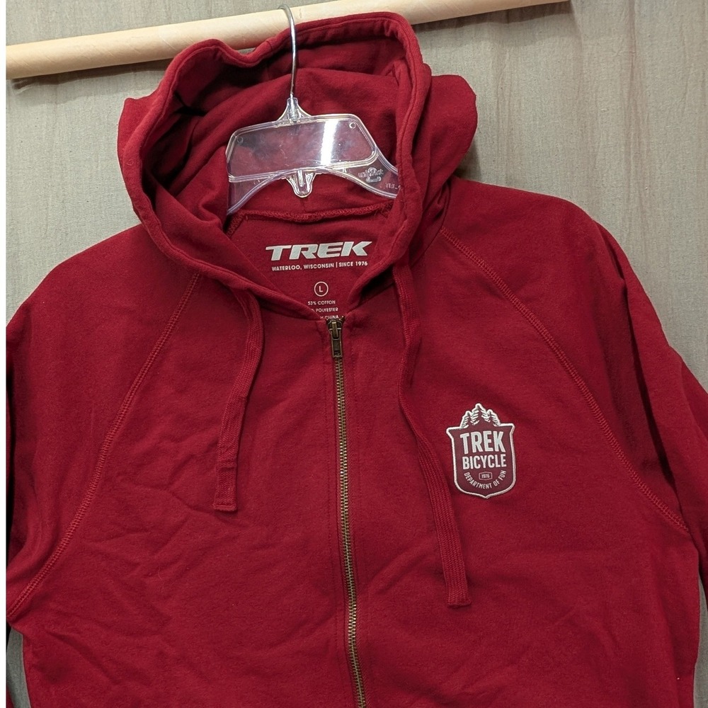 Trek Bicycle Department of Fun Full Zip Hoodie Mens Large Red Raglan Sweatshirt